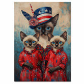 Siamese Cat Family in Patriotic Red Outfits and American Flag Hat with Blue Eyes for Fourth of July Celebration on Ready to Hang 1.5" Thick Canvas Wrap, Floating Framed Canvas, Flat Rolled Canvas